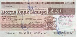 TRAVELLERS CHEQUE LLOYDS BANK 20 POUNDS AÑO 1980 - HOTEL ATALAYA - Altri & Non Classificati