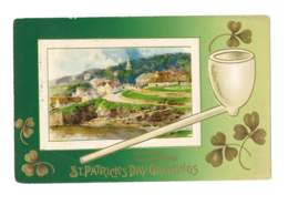 St Patrick's Day Greetings - Dunmore Co Waterford - Pipe Et Trèfles - Gaufrée - Scan Recto/Verso - 6002 - Saint-Patrick