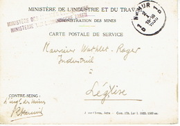 1935 Carte De Service - MINISTERE DE L'INDUSTRIE ET DU TRAVAIL - ADMINISTRATION DES MINES à NAMUR 2 Vers LEGLISE - Franchise