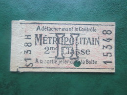 ANCIEN TICKET Métro METROPOLITAIN " H " 2° Classe - PARIS 1938 - TBE - World