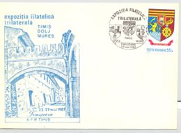 74569- DOLJ-TIMIS-MURES COUNTIES JOINT PHILATELIC EXHIBITION, COATS OF ARMS, SPECIAL COVER, 1987, ROMANIA - Briefe U. Dokumente