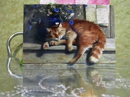 Red Cat Sleeps Sweetly Art Modern Russian Postcard - Chats