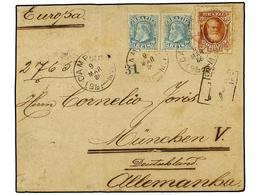 BRASIL. Sc.76, 88 (2). 1886 (9 Marzo). CAMPINAS A ALEMANIA 50 Reis Azul (2) Y 700 Reis Bistre. Muy Raro Franqueo En Cart - Other & Unclassified