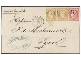 CHINA. 1872. SHANGHAE To LYON (France). Folded Cover Franked By Pair Of 10 Cts. Bister And 80 Cts. Rose French Stamps Wi - Andere & Zonder Classificatie