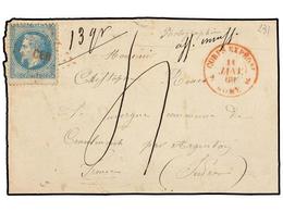 FRANCIA. 1869. FRONTAL DE CARTA Circulado De ROMA A FRANCIA Con Sello Francés De 20 Cts. Azul, Mat. Parrilla CER Y Fecha - Otros & Sin Clasificación