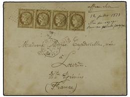 INDIA FRANCESA. Sc.20. 1873 (July 12). Double Rate Cover To LOURDES Franked By 30 C. Strip Of Four, Margins Just Touched - Sonstige & Ohne Zuordnung