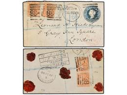 INDIA. 1880. NAINITAL To LONDON. 1/2 Anna Blue Postal Stationary Envelope Uprated With Four 2 Annas Orange Stamps (two O - Andere & Zonder Classificatie