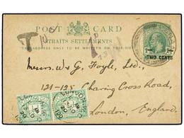 MALAYA. 1920. PENANG To LONDON. 2 Cents. On 1 Cts. Green Postal Stationary Card, Taxed On Arrival With Two British 1/2 D - Other & Unclassified