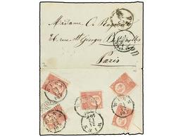 HUNGRIA. 1871 (Dec 23). Cover From PESTH To PARIS Bearing, On Reverse, Five Lithographed 1871 5kr. Rose Red, All Tied In - Other & Unclassified