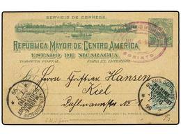 NICARAGUA. 1899 (July 4-7). 2c. Green Postal Stationery Card Written From CORINTO Used To KIEL With Germany Reichspost 5 - Autres & Non Classés