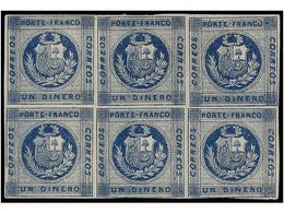 (*) PERU. Sc.9. 1860. 1 Dinero Azul. Bloque De Seis, Márgenes Completos Alrededor Del Sello, Leve Doblez Horizontal En L - Autres & Non Classés