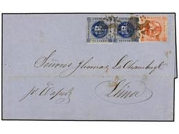 PERU. 1860 (3 Sept.). ISLAY A LIMA. 1 Dinero Azul Pareja Y 1 Peseta Rojo. Mat. ÓVALO DE PUNTOS Y Manuscrito 'por Vapor'. - Other & Unclassified