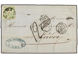PERU. Sc.14. 1869. LIMA A FRANCIA. 1 Dinero Verde, Circulada Vía Inglaterra, Marca De Intercambio GB/1 F 90 C. Y Tasa De - Other & Unclassified