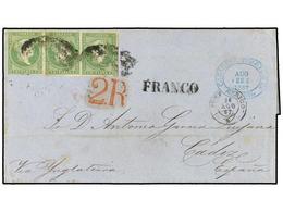 COLONIAS ESPAÑOLAS: PUERTO RICO. Ant.8(3). 1867. SAN JUAN A CADIZ. 1 Real Verde Tira De Tres. Circulada Via Inglaterra,  - Other & Unclassified