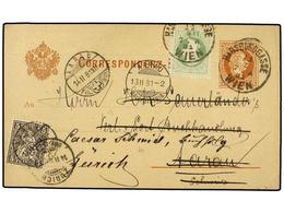 SUIZA. 1881 (Feb 11). 2kr. Brown Postal Stationery Card Mailed To Aarau, Switzerland And Up-rated With 1867-74 3kr. Gree - Other & Unclassified