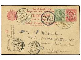 TAILANDIA. 1903 (Dec 12). 4a. Carmine On Buff Postal Stationery Card Used To TOKYO (Japan) Up-rated With 1899-1904 2a. Y - Otros & Sin Clasificación