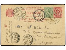 TAILANDIA. 1903 (Dec 12). 4a. Carmine On Buff Postal Stationery Card Used To TOKYO (Japan) Up-rated With 1899-1904 2a. Y - Andere & Zonder Classificatie