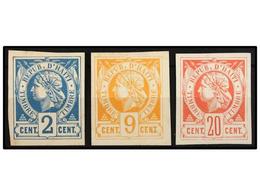 HAITI. 1881. ENSAYOS De Los Valores De 2 Cents. Azul, 9 Cents. Amarillo Y 20 Cts. Rojo Formato Más Grande Para Sellos Fi - Other & Unclassified