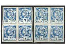 **/* HAITI. Sc.5 Y 5a (4). 1881. 7 Cents. Azul. Dos Bloques De Cuatro En Colores Azul Y Azul Claro. MAGNÍFICOS. Cert. B. - Autres & Non Classés