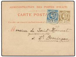 HAITI. Sc.5, 9. 1885. CAP HAITIEN A STO. DOMINGO. Tarjeta Postal Oficial Con Franqueo De 3 Cents. Castaño Perforado Y 7  - Autres & Non Classés