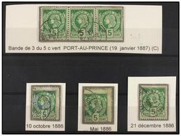 ° HAITI. Sc.10b (3). 1885. 5 Cent. Verde, Pl. III. Tres Sellos En Usado Y Una Tira De Tres. - Andere & Zonder Classificatie