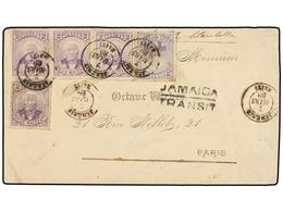 HAITI. Sc.22 (5). 1889. JEREMIE A PARÍS. 2 Cts. Violeta (5) (tira De Tres Y Dos Sellos), Mat. JEREMIE/HAITI Marca JAMAIC - Autres & Non Classés