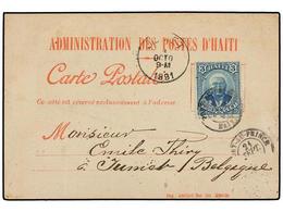 HAITI. Sc.23. 1891. PORT AU PRINCE A BÉLGIA. Tarjeta Postal Oficial Con Franqueo De 3 Cts. Azul. - Autres & Non Classés