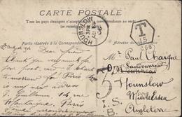 Sur CPA France Magné CAD Deux Sèvres 13 8 06 YT 129 Verso Taxes Anglaises T15 + 3D IS B CAD Houn Slow AU 14 06 - Postage Due