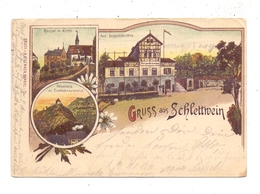 0-6840 PÖSSNECK - SCHLETTWEIN, Lithographie 1900, Pfarrgebäude, Kirche, Felsenberg, Restaurant Bergschlösschen - Poessneck