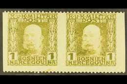 BOSNIA AND HERZEGOVINA 1912-14 1h Olive 'dry Print' VERTICALLY IMPERF HORIZONTAL PAIR Variety (Michel 64var, SG 362var), - Sonstige & Ohne Zuordnung