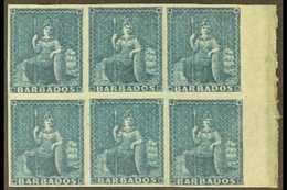 1852-55 (-) Slate-blue, SG 5a, Superb Never Hinged Mint Marginal BLOCK Of 6, All Stamps With Four Good To Jumbo Margins, - Barbados (...-1966)