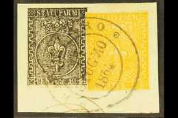 PARMA 1852 10c Black On White And 1853 5c Yellow Orange, Sass 2+6, Very Fine Used Together On Piece With Complete Borgot - Sin Clasificación
