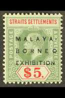 1922 MALAYA BORNEO EXHIBITION VARIETY. $5 Green & Red/blue Green, MCA Wmk, "No Stop" Variety, SG 249f, Fine Mint, Scarce - Straits Settlements