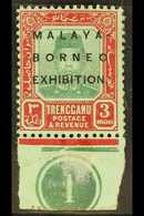 TRENGGANU 1922 MALAYA BORNEO EXHIBITION $3 Green & Red/green Control Single, SG 57, Mint, Light Margin Crease Does Not D - Other & Unclassified