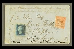 1863 COVER TO LONDON Bearing Great Britain 2d Blue, Plate 9, Plus 1862-64 4d (this With Fault), These Tied By "MALTA / A - Malta (...-1964)