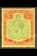 1914-21 KGV 5s Green And Red/yellow, SG 88, Very Fie Mint. For More Images, Please Visit Http://www.sandafayre.com/itemd - Malte (...-1964)