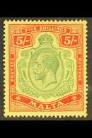 1914-21 KGV 5s Green And Red/yellow, SG 88, Very Fie Mint. For More Images, Please Visit Http://www.sandafayre.com/itemd - Malta (...-1964)