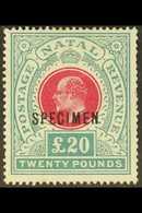 NATAL 1902 £20 Red & Green, Wmk Crown CC, "SPECIMEN" Overprint, SG 145bs, Perf Faults At Right, No Gum, Cat.£650. For Mo - Unclassified