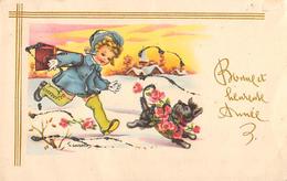 Thème Bonne Année :    Fillette Chien Paillettes Carte Dessinée Par J.Gougeon  (voir Scan) - New Year