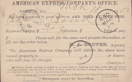 Canada Postal Stationery Ganzsache Victoria PRIVATE Print AMERICAN EXPRESS COMPANY's OFFICE Agent Grover, HAMILTON 1880 - 1860-1899 Regering Van Victoria