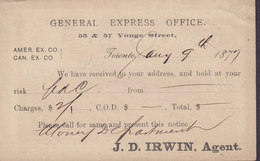 Canada Postal Stationery Ganzsache 1c. Victoria PRIVATE Print GENERAL EXPRESS OFFICE Agent J. D. Irwin TORONTO 1877 - 1860-1899 Reinado De Victoria
