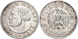 5 Reichsmark, 1933, J, Martin Luther, Wz. Rf., Ss., Katalog: J. 353 Ss - Andere & Zonder Classificatie