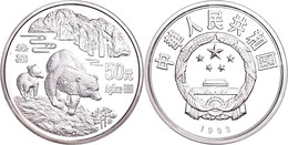 50 Yuan, Silber, 1993, Bedrohte Tierwelt-4. Ausgabe-Braunbär Mit Jungtier, 999er Silber, 155,67 G, 5 Oz, KM 483, In Kaps - Cina