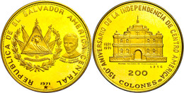 200 Colones, Gold, 1971, 150 Jahre Unabhängigkeit, Panchimalco Kirche, Fb. 6, Eingepunzte Nummer 1216, Fingerabdrücke, P - Otros – América