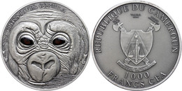 1.000 Francs, 2013, Baby Gorilla, 1 Unze Silber, Antik Finish, Real Eye Effect, Etui Mit OVP Und Zertifikat, St. Auflage - Camerun