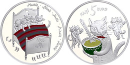 5 Euro, 2015, Fünf Katzen, 925er Silber, Coloriert, Etui Mit Zertifikat, PP. Auflage Nur 10.000 Stück.  PP - Letland