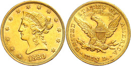 10 Dollars, Gold, 1880, Liberty Head, Philadelphia, Fb. 158, Wz. Rf., Ss-vz.  Ss-vz - Sonstige & Ohne Zuordnung