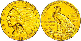 2 1/2 Dollars, Gold, 1909, Indian Head, Philadelphia, Fb. 120, F. Vz. - Sonstige & Ohne Zuordnung
