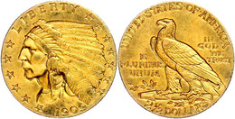 2 1/2 Dollars, Gold, 1909, Indian Head, Philadelphia, Fb. 120, Ss-vz.  Ss-vz - Sonstige & Ohne Zuordnung