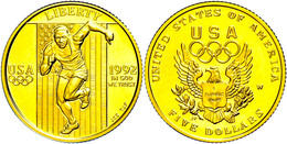 5 Dollars, Gold, 1992, Olympiade, KM 235, Mit Zertifikat In Ausgabeschatulle Und OVP, PP. - Sonstige & Ohne Zuordnung